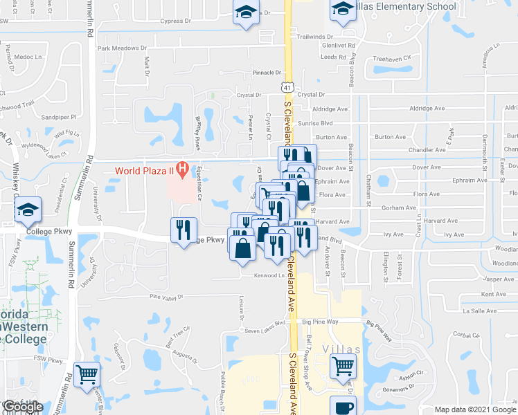 map of restaurants, bars, coffee shops, grocery stores, and more near 7130 College Parkway in Fort Myers