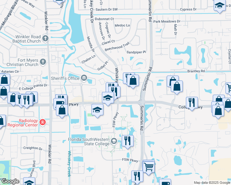 map of restaurants, bars, coffee shops, grocery stores, and more near 6100 Whiskey Creek Drive in Fort Myers