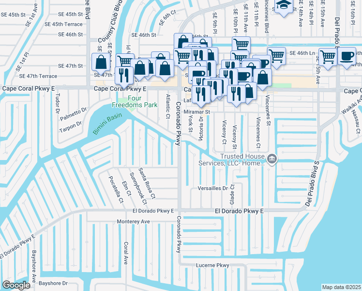 map of restaurants, bars, coffee shops, grocery stores, and more near 5118 Coronado Parkway in Cape Coral
