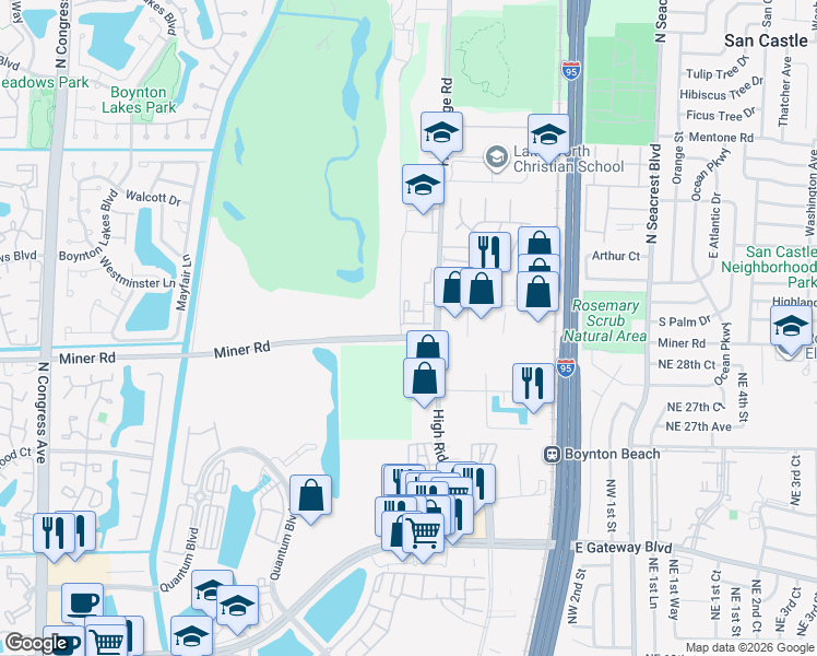 map of restaurants, bars, coffee shops, grocery stores, and more near 975 Miner Road in Lantana