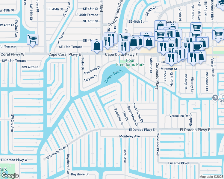 map of restaurants, bars, coffee shops, grocery stores, and more near 431 Pinecrest Court in Cape Coral