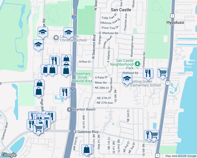 map of restaurants, bars, coffee shops, grocery stores, and more near 110 South Palm Drive in Boynton Beach