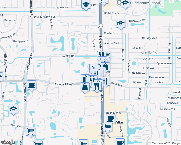 map of restaurants, bars, coffee shops, grocery stores, and more near 7130 College Parkway in Fort Myers
