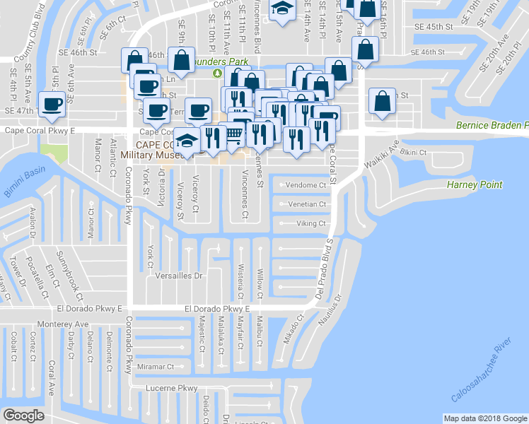 map of restaurants, bars, coffee shops, grocery stores, and more near 4965 Vincennes Street in Cape Coral