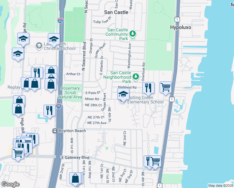 map of restaurants, bars, coffee shops, grocery stores, and more near 1228 Highland Road in Lantana
