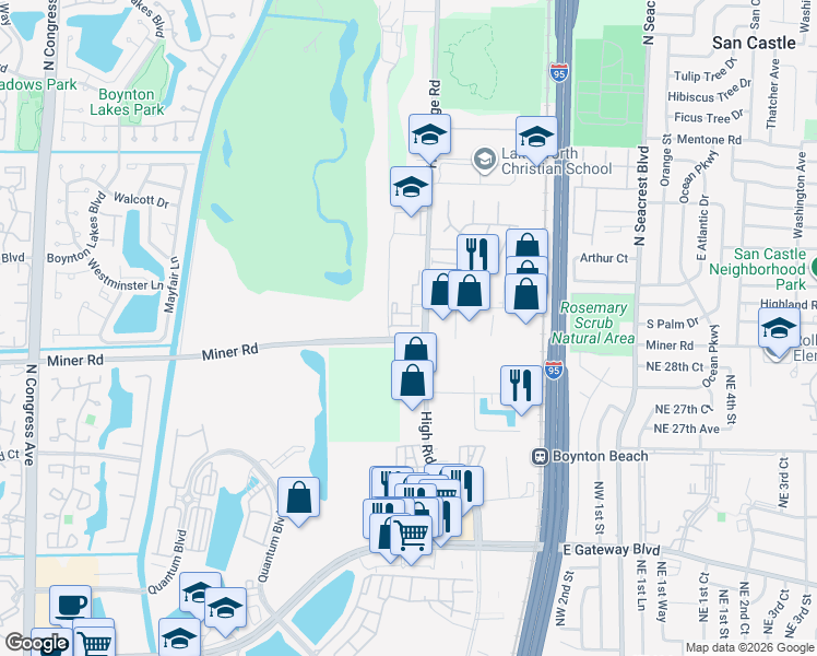 map of restaurants, bars, coffee shops, grocery stores, and more near 3609 High Ridge Road in Boynton Beach