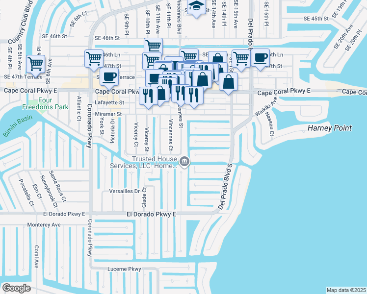 map of restaurants, bars, coffee shops, grocery stores, and more near 4965 Vincennes Street in Cape Coral