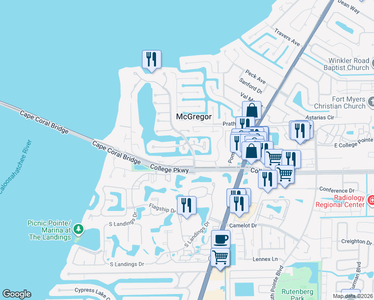 map of restaurants, bars, coffee shops, grocery stores, and more near 9701 Keel Court in Fort Myers
