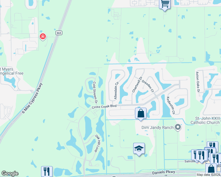 map of restaurants, bars, coffee shops, grocery stores, and more near 12770 Allendale Circle in Fort Myers