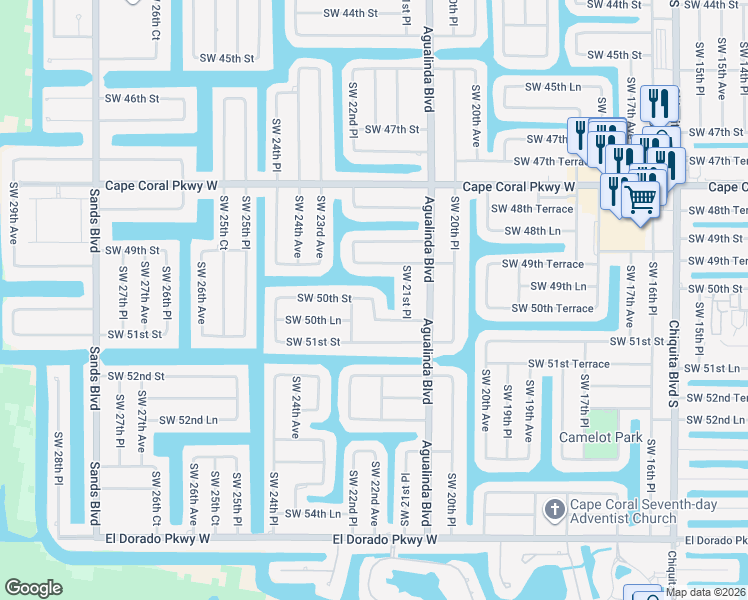 map of restaurants, bars, coffee shops, grocery stores, and more near 2519 Southwest 22nd Avenue in Cape Coral
