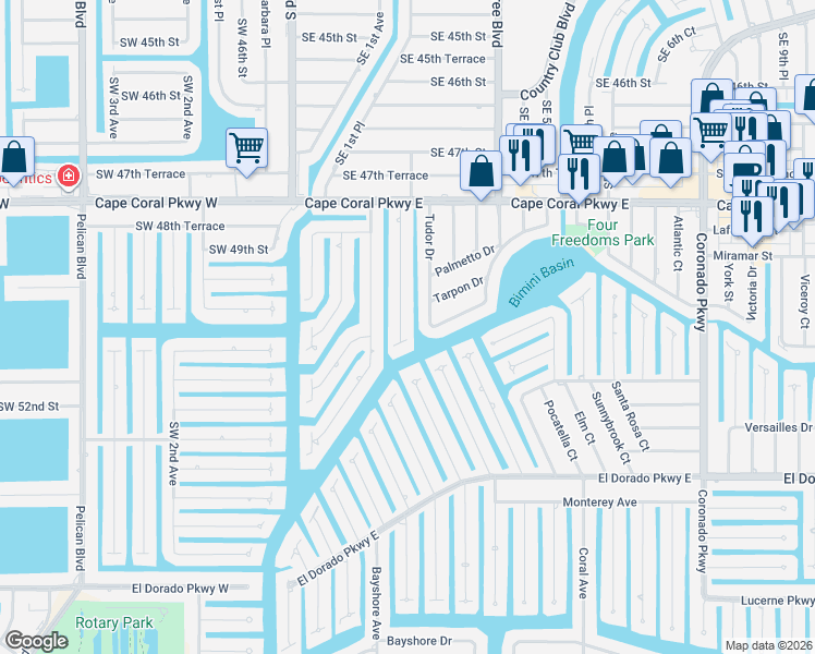 map of restaurants, bars, coffee shops, grocery stores, and more near 4922 Tudor Drive in Cape Coral