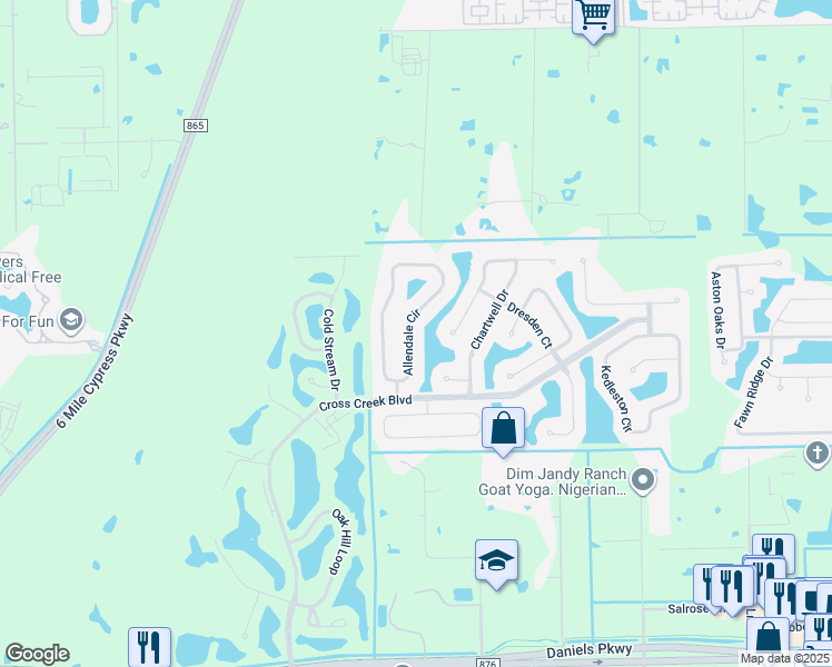 map of restaurants, bars, coffee shops, grocery stores, and more near 12791 Allendale Circle in Fort Myers