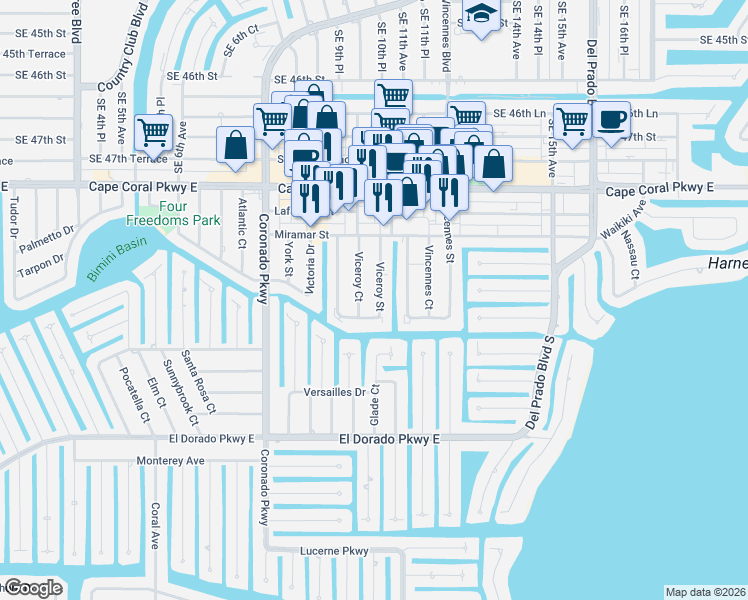 map of restaurants, bars, coffee shops, grocery stores, and more near 4934 Viceroy Court in Cape Coral