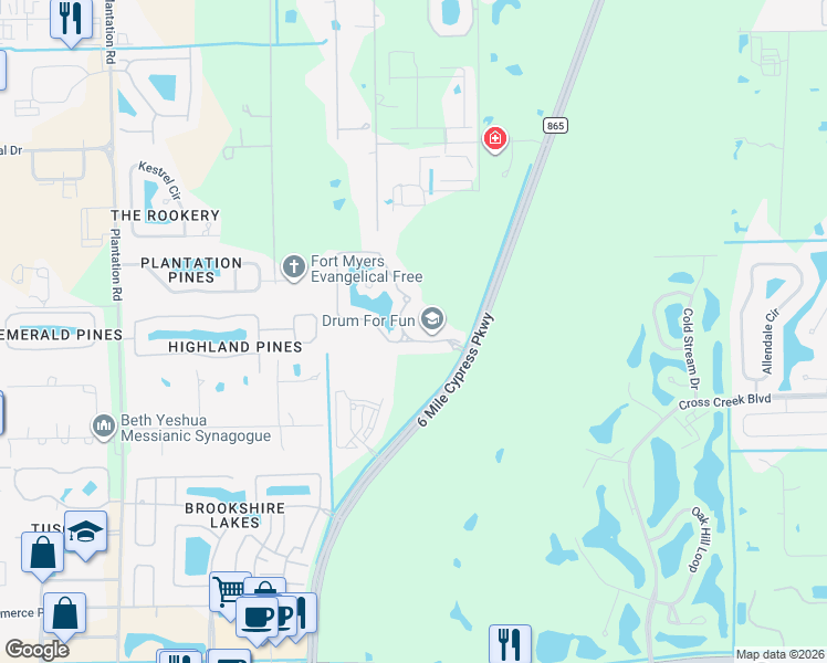 map of restaurants, bars, coffee shops, grocery stores, and more near 12207 Lucca Street in Fort Myers