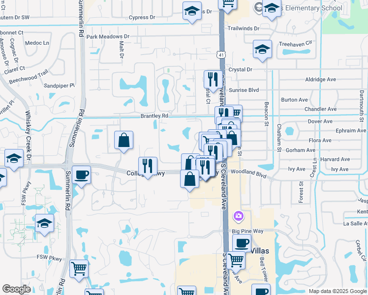 map of restaurants, bars, coffee shops, grocery stores, and more near 1900 Brantley Road in Fort Myers