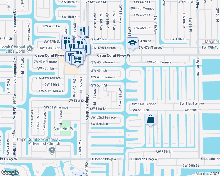 map of restaurants, bars, coffee shops, grocery stores, and more near 1425 Southwest 50th Street in Cape Coral