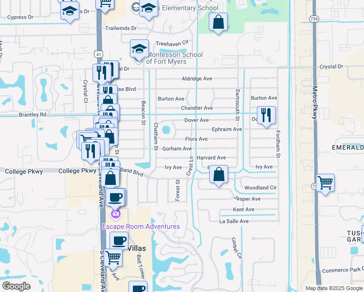 map of restaurants, bars, coffee shops, grocery stores, and more near 2261 Flora Avenue in Fort Myers