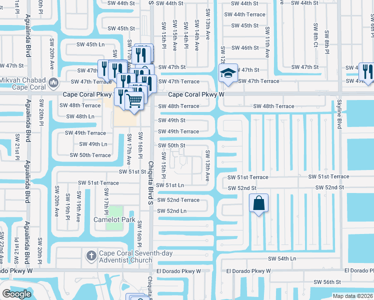 map of restaurants, bars, coffee shops, grocery stores, and more near 1428 Southwest 50th Street in Cape Coral