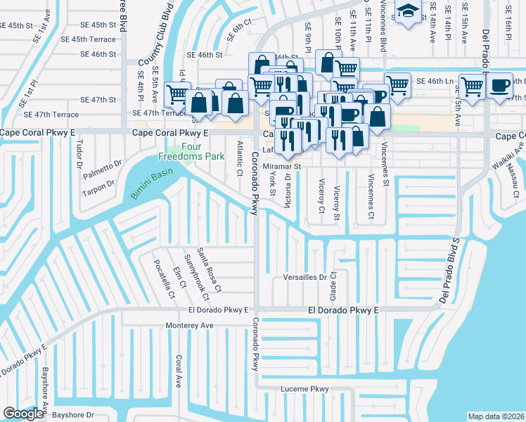 map of restaurants, bars, coffee shops, grocery stores, and more near 5101 Coronado Parkway in Cape Coral