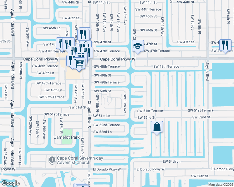 map of restaurants, bars, coffee shops, grocery stores, and more near 1425 Southwest 50th Street in Cape Coral