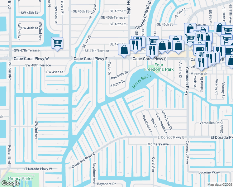 map of restaurants, bars, coffee shops, grocery stores, and more near 323 Tudor Drive in Cape Coral