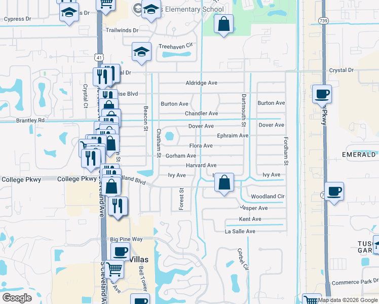 map of restaurants, bars, coffee shops, grocery stores, and more near 2261 Gorham Avenue in Fort Myers