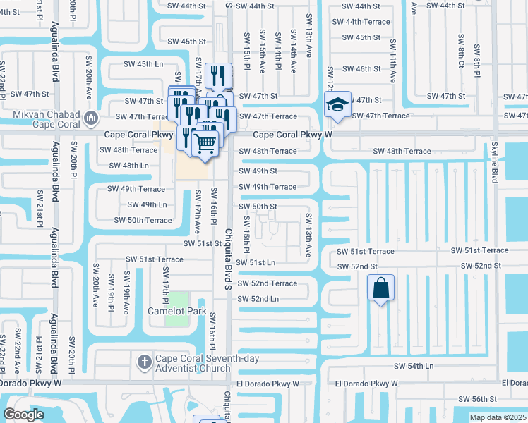 map of restaurants, bars, coffee shops, grocery stores, and more near 1502 Southwest 50th Street in Cape Coral