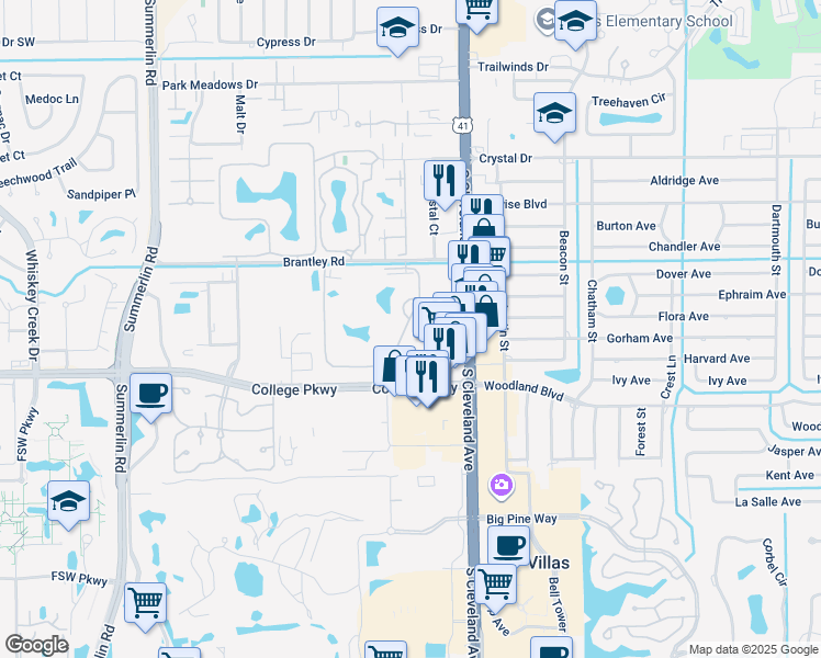 map of restaurants, bars, coffee shops, grocery stores, and more near 12550 Equestrian Circle in Fort Myers
