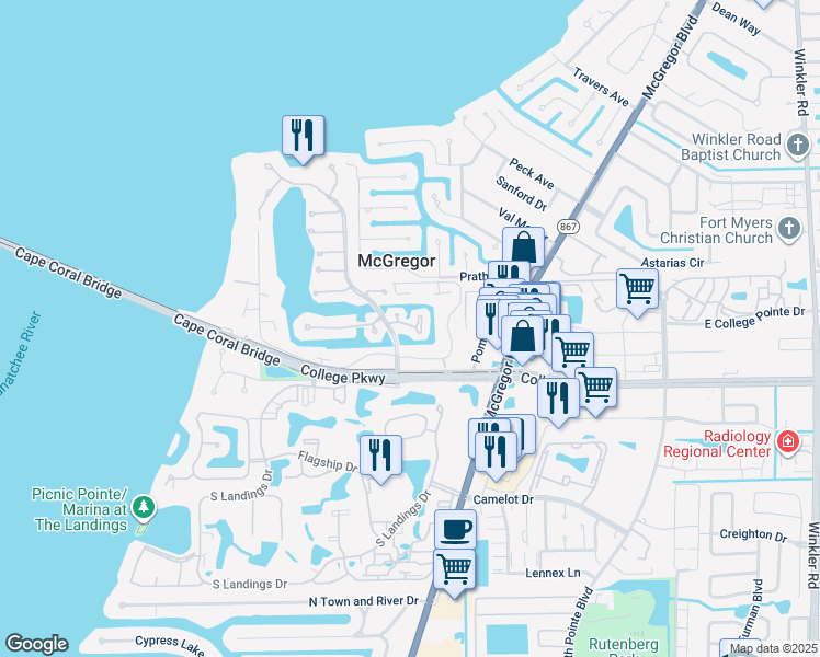 map of restaurants, bars, coffee shops, grocery stores, and more near 9646 Halyards Court in Fort Myers