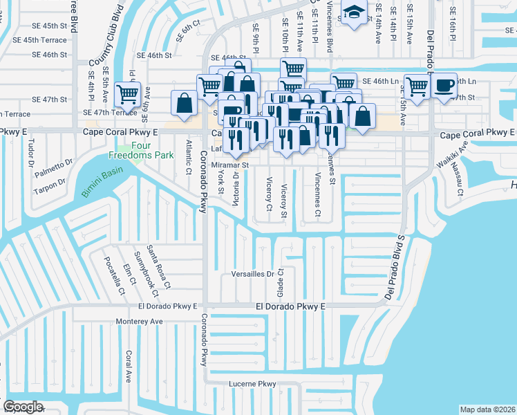 map of restaurants, bars, coffee shops, grocery stores, and more near 4934 Viceroy Court in Cape Coral
