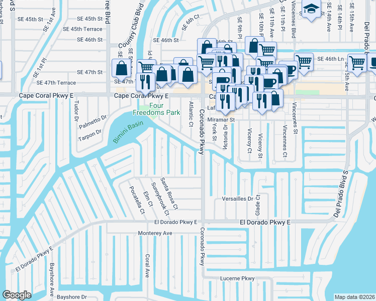 map of restaurants, bars, coffee shops, grocery stores, and more near 728 Victoria Drive in Cape Coral