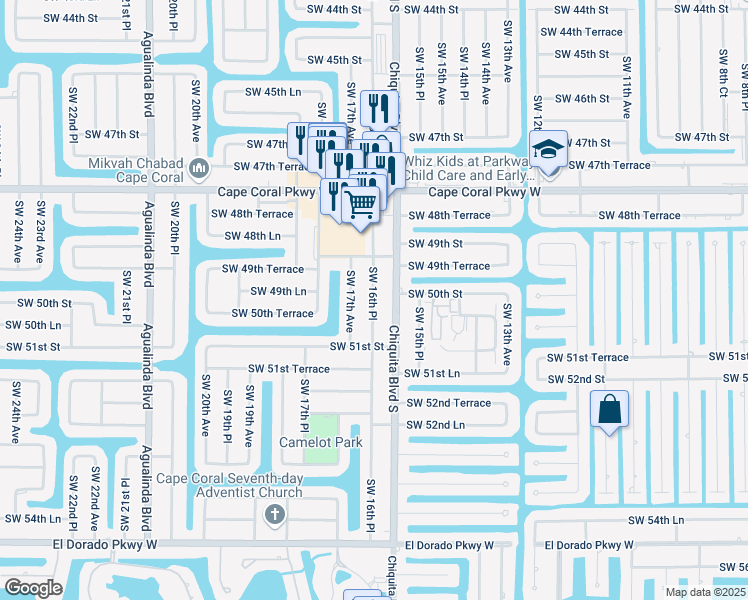 map of restaurants, bars, coffee shops, grocery stores, and more near 4924 Southwest 16th Place in Cape Coral