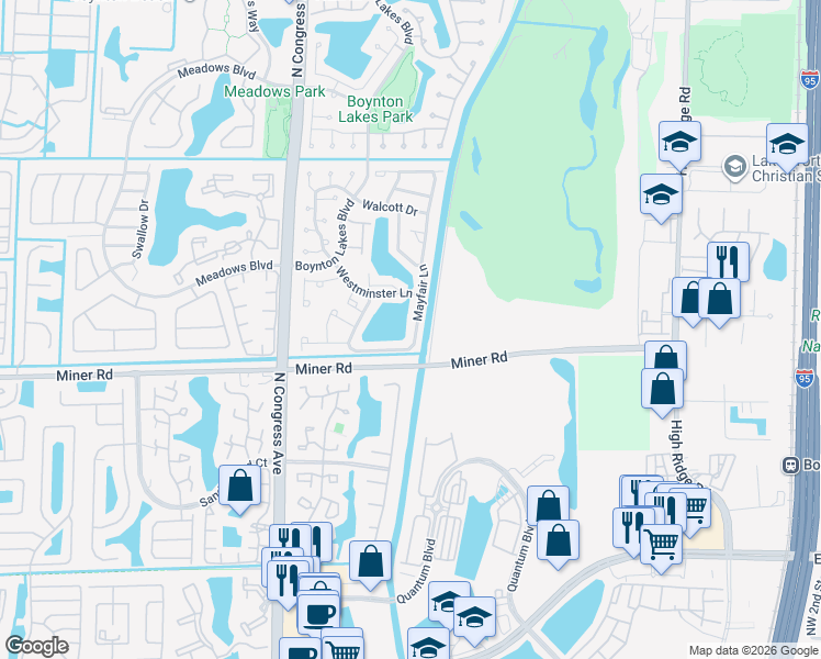 map of restaurants, bars, coffee shops, grocery stores, and more near 47 Mayfair Lane in Boynton Beach