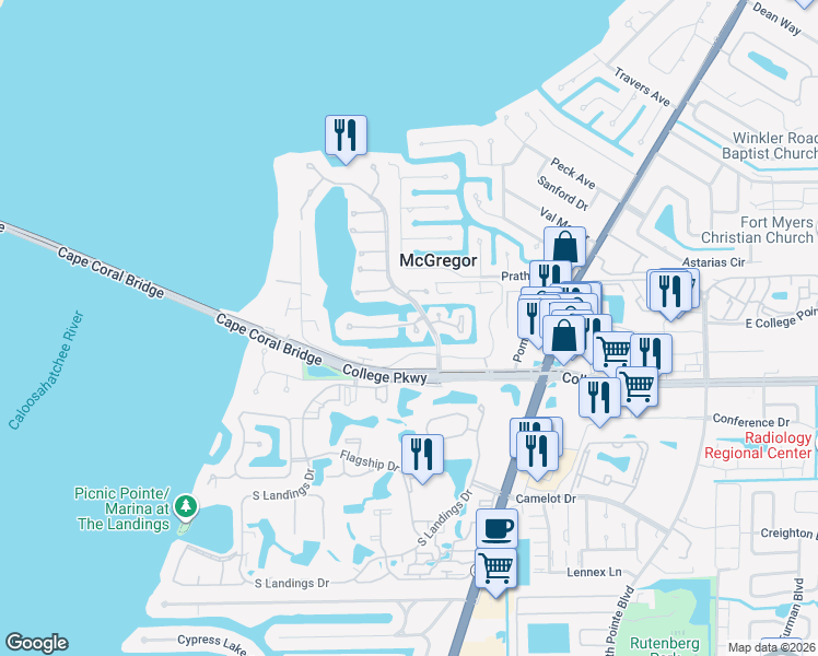 map of restaurants, bars, coffee shops, grocery stores, and more near 9701 Keel Court in Fort Myers
