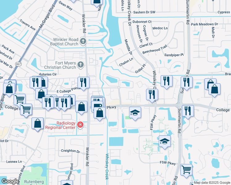 map of restaurants, bars, coffee shops, grocery stores, and more near 8381 Riverwalk Park Boulevard in Fort Myers