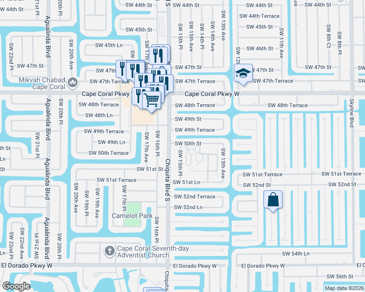 map of restaurants, bars, coffee shops, grocery stores, and more near 1519 Southwest 50th Street in Cape Coral