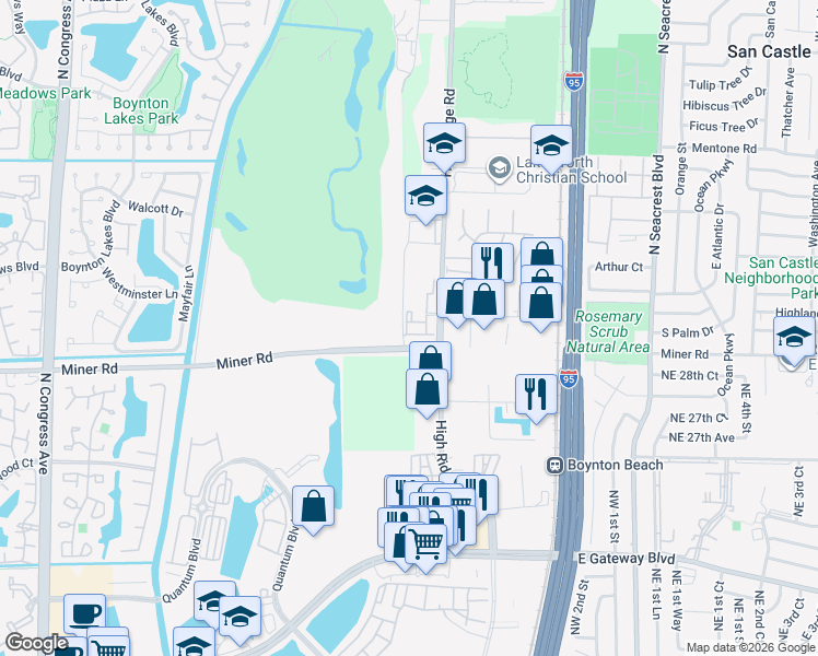 map of restaurants, bars, coffee shops, grocery stores, and more near 3609 High Ridge Road in Boynton Beach
