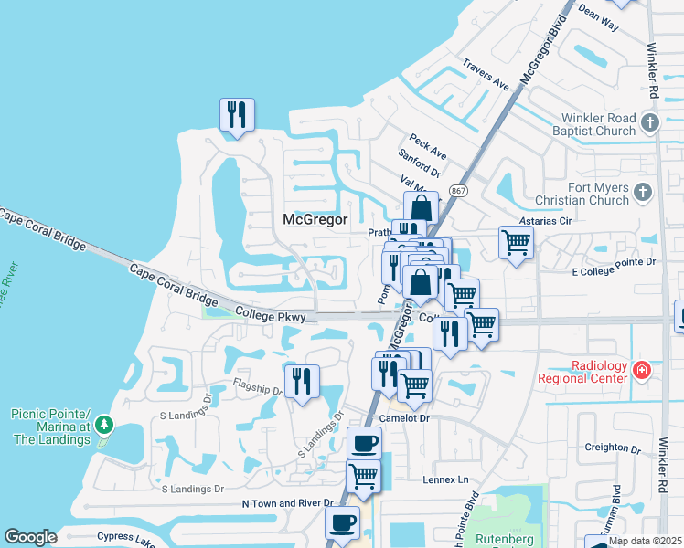 map of restaurants, bars, coffee shops, grocery stores, and more near 9646 Halyards Court in Fort Myers