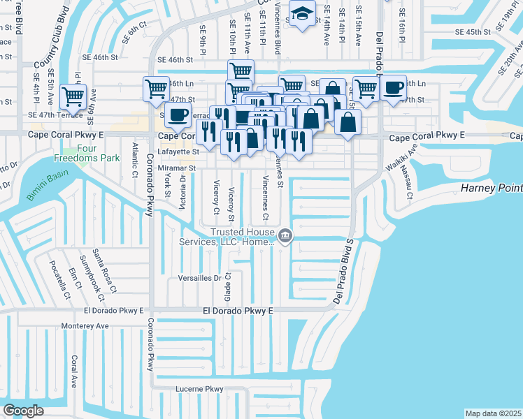 map of restaurants, bars, coffee shops, grocery stores, and more near 4930 Vincennes Court in Cape Coral