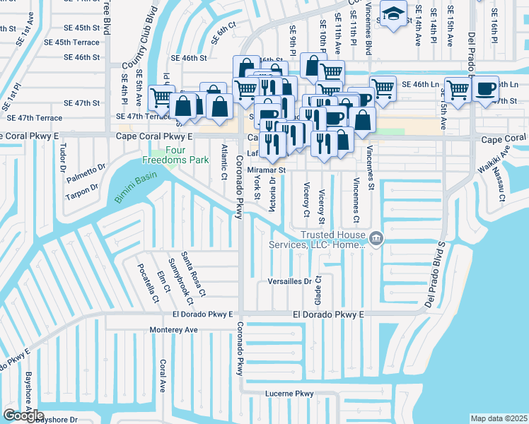 map of restaurants, bars, coffee shops, grocery stores, and more near 810 Victoria Drive in Cape Coral