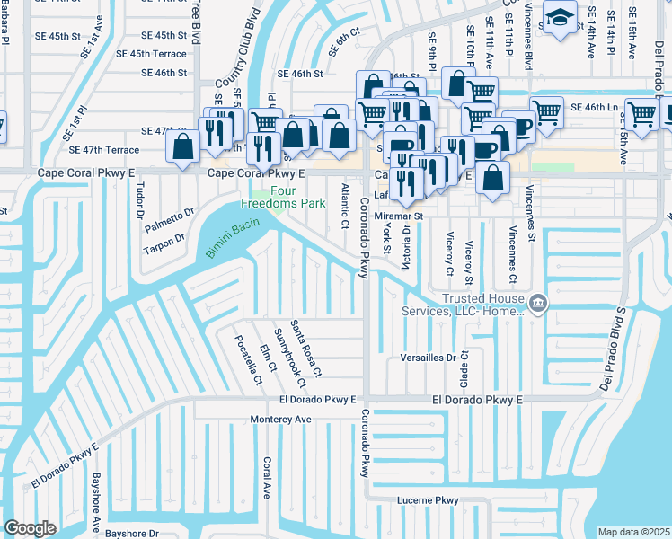 map of restaurants, bars, coffee shops, grocery stores, and more near 5111 Manor Court in Cape Coral