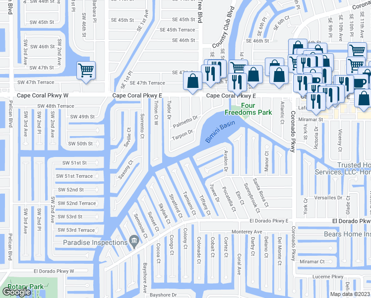 map of restaurants, bars, coffee shops, grocery stores, and more near 323 Tudor Drive in Cape Coral