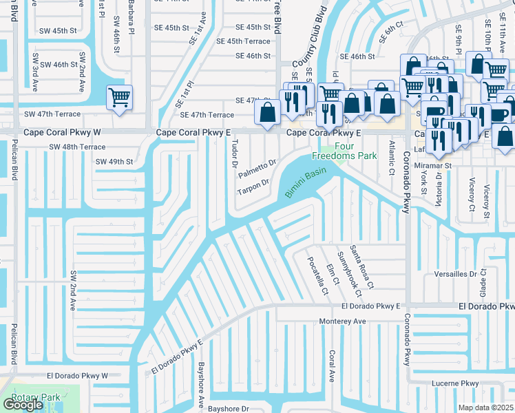 map of restaurants, bars, coffee shops, grocery stores, and more near 323 Tudor Drive in Cape Coral