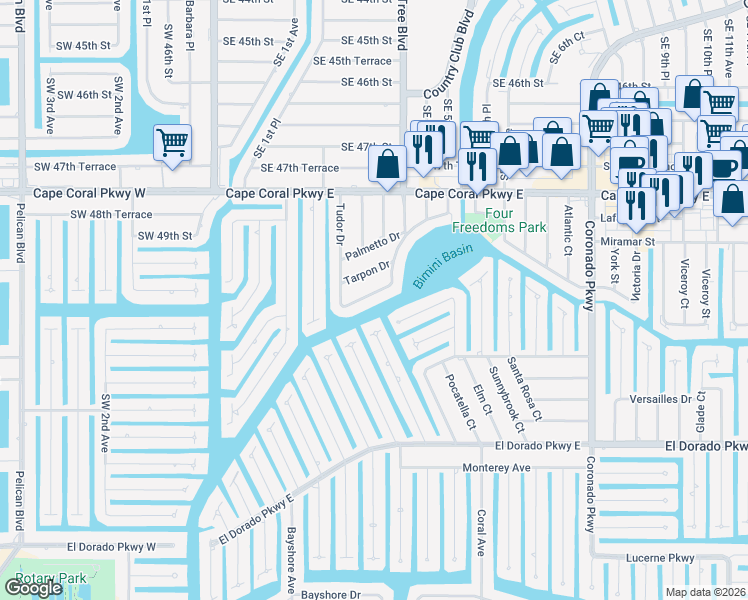 map of restaurants, bars, coffee shops, grocery stores, and more near 330 Tudor Drive in Cape Coral
