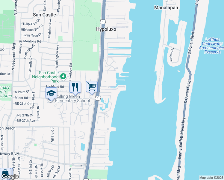 map of restaurants, bars, coffee shops, grocery stores, and more near 17 Easy Street in Hypoluxo