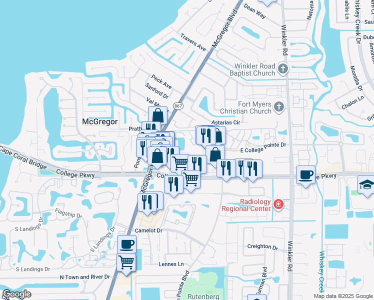 map of restaurants, bars, coffee shops, grocery stores, and more near 9150 West College Pointe Drive in Fort Myers