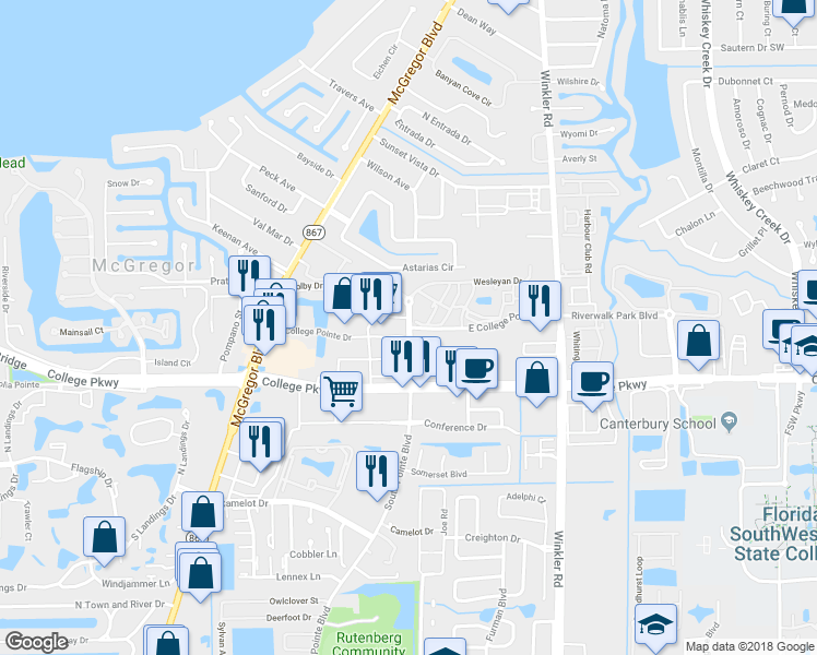 map of restaurants, bars, coffee shops, grocery stores, and more near 6000 South Pointe Boulevard in Fort Myers