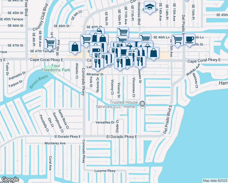 map of restaurants, bars, coffee shops, grocery stores, and more near 4934 Viceroy Court in Cape Coral