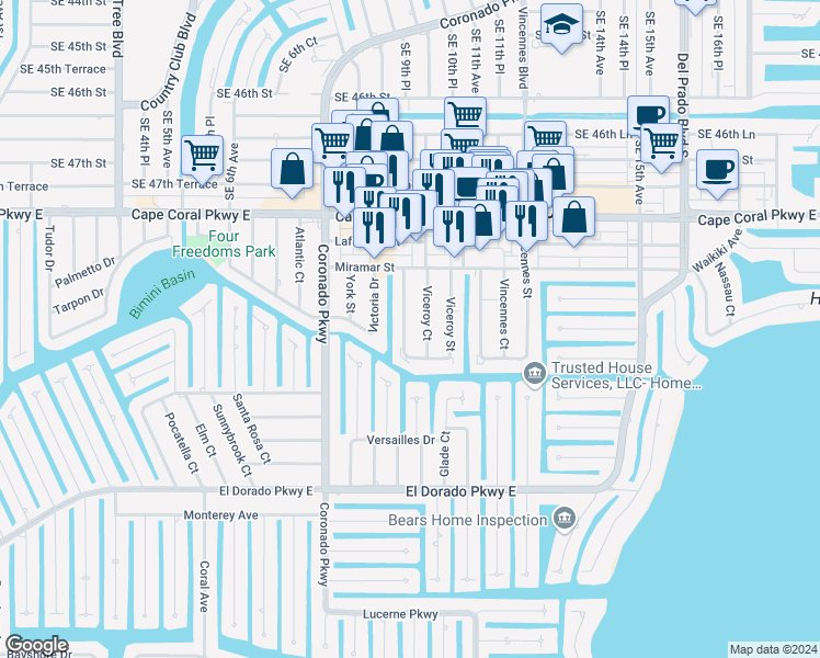 map of restaurants, bars, coffee shops, grocery stores, and more near 4934 Viceroy Court in Cape Coral