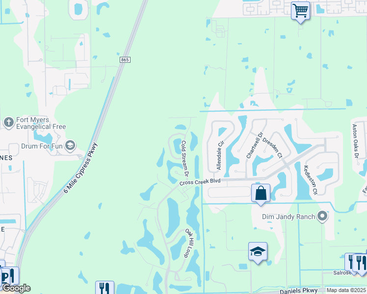 map of restaurants, bars, coffee shops, grocery stores, and more near Cold Stream Drive in Fort Myers